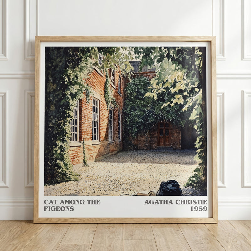 Cat Among the Pigeons literary print in frame leaning in hallway – mystery wall art