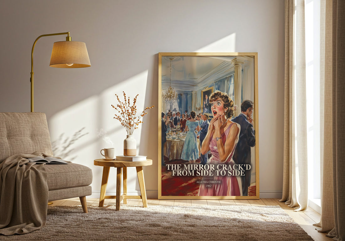 The Mirror Crack'D From Side To Side watercolour print in frame leaning in hallway – mystery wall art (mockup)