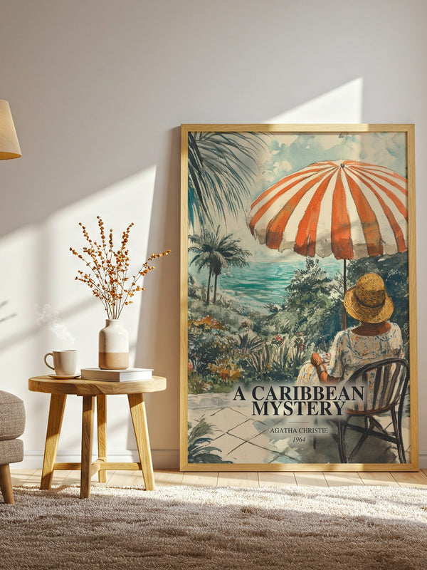 A Caribbean Mystery watercolour print in frame leaning in hallway – mystery wall art