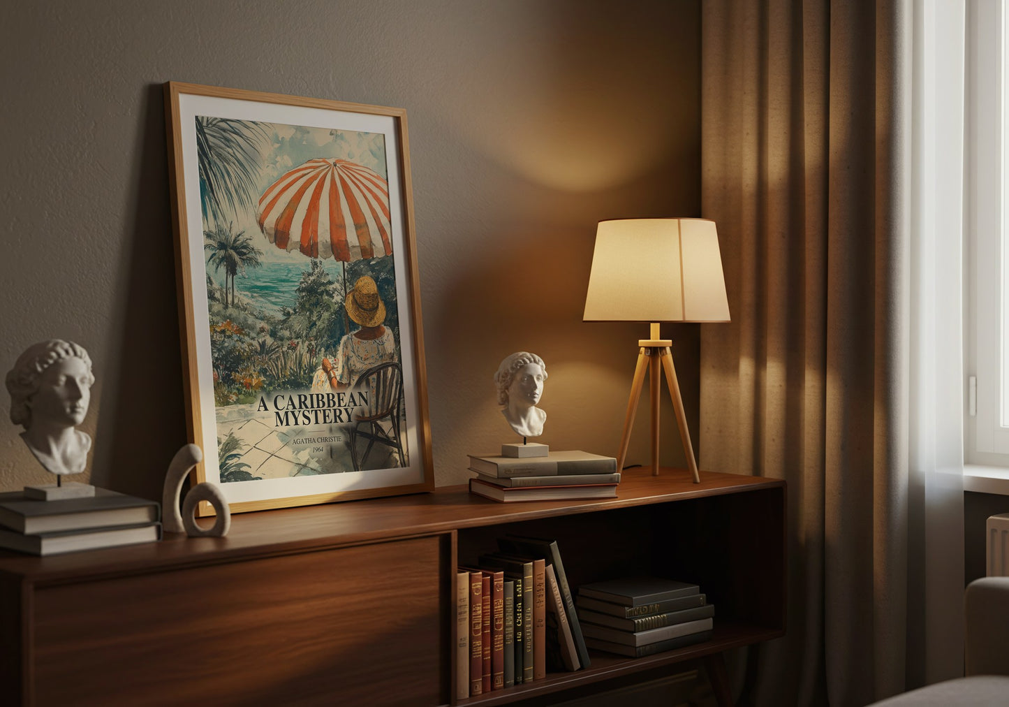 A Caribbean Mystery watercolour print on bookshelf – Agatha Christie fan gift