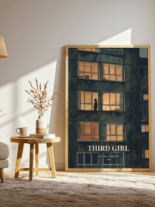 Third Girl watercolour print in frame leaning in hallway – mystery wall art