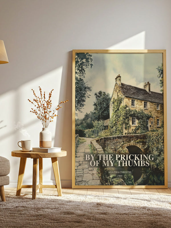 By The Pricking Of My Thumbs watercolour print in frame leaning in hallway – mystery wall art