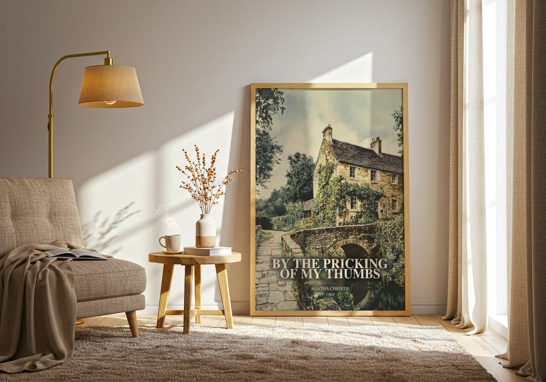 By The Pricking Of My Thumbs watercolour print in frame leaning in hallway – mystery wall art (mockup)