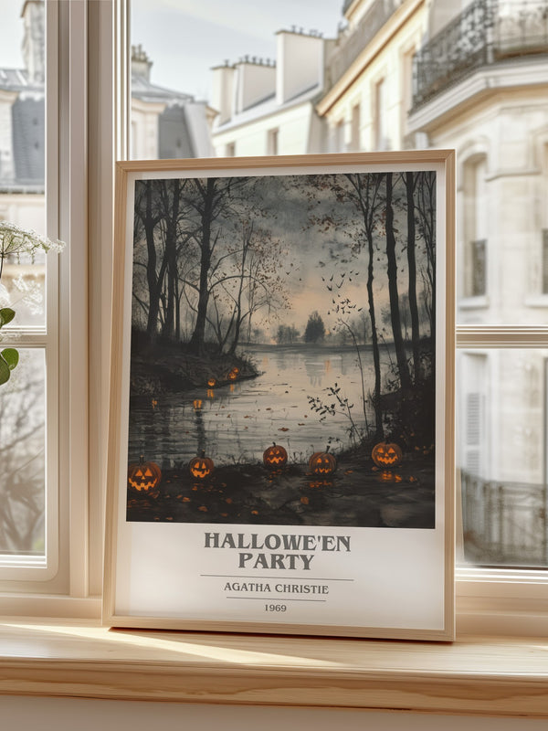 Hallowe'en Party Book Cover Poster by Agatha Christie – framed print by a bright window