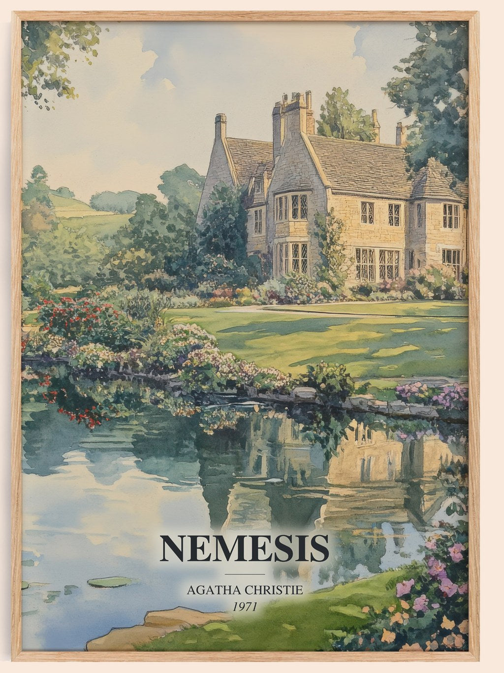 Nemesis watercolour book poster by Agatha Christie – framed literary art print