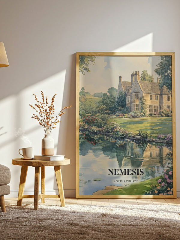 Nemesis watercolour print in frame leaning in hallway – mystery wall art