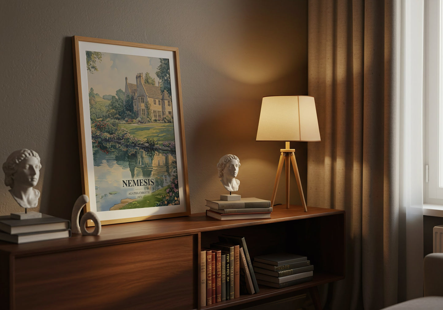 Nemesis watercolour print on bookshelf – Agatha Christie fan gift