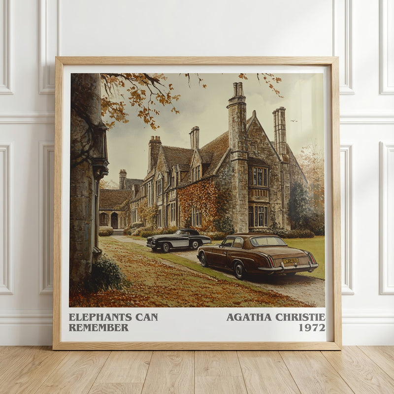 Elephants Can Remember literary print in frame leaning in hallway – mystery wall art