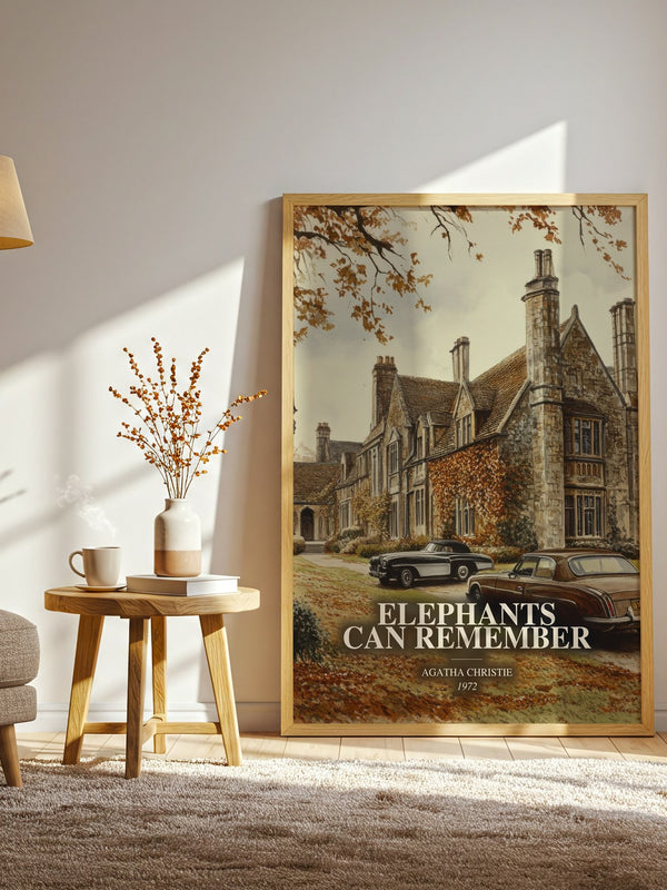 Elephants Can Remember watercolour print in frame leaning in hallway – mystery wall art