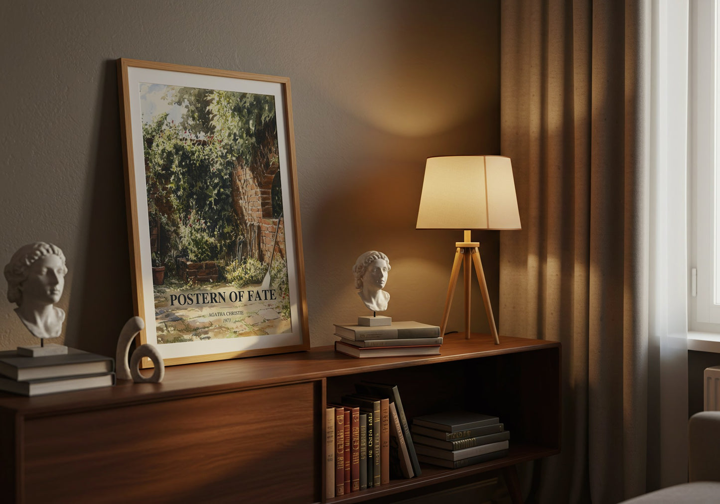 Postern Of Fate watercolour print on bookshelf – Agatha Christie fan gift