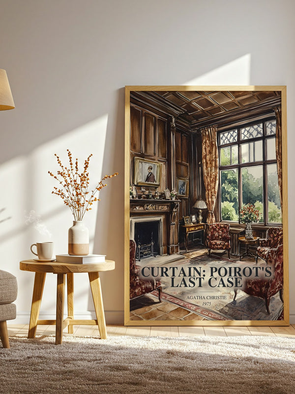 Curtain: Poirot'S Last Case watercolour print in frame leaning in hallway – mystery wall art