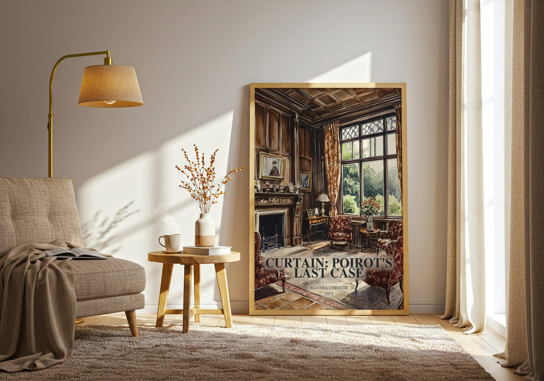 Curtain: Poirot'S Last Case watercolour print in frame leaning in hallway – mystery wall art (mockup)