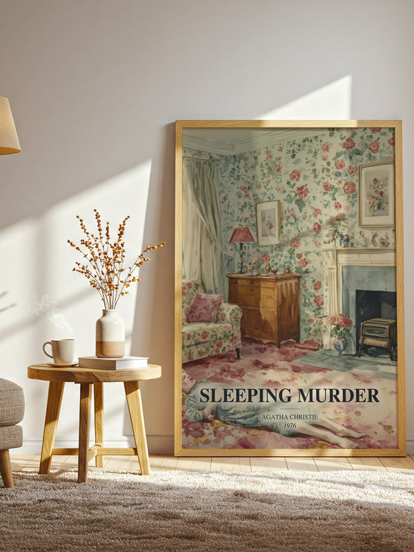 Sleeping Murder watercolour print in frame leaning in hallway – mystery wall art