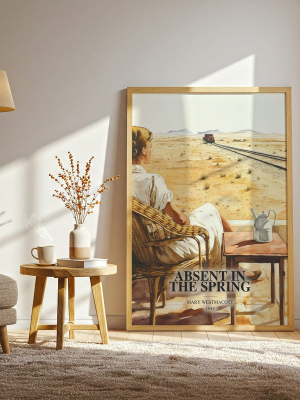 Absent In The Spring watercolour print in frame leaning in hallway – literary fiction wall art