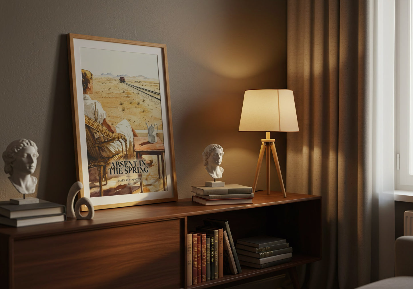 Absent In The Spring watercolour print on bookshelf – Mary Westmacott fan gift