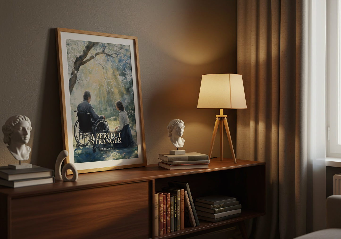 A Perfect Stranger watercolour print on bookshelf – Danielle Steel fan gift