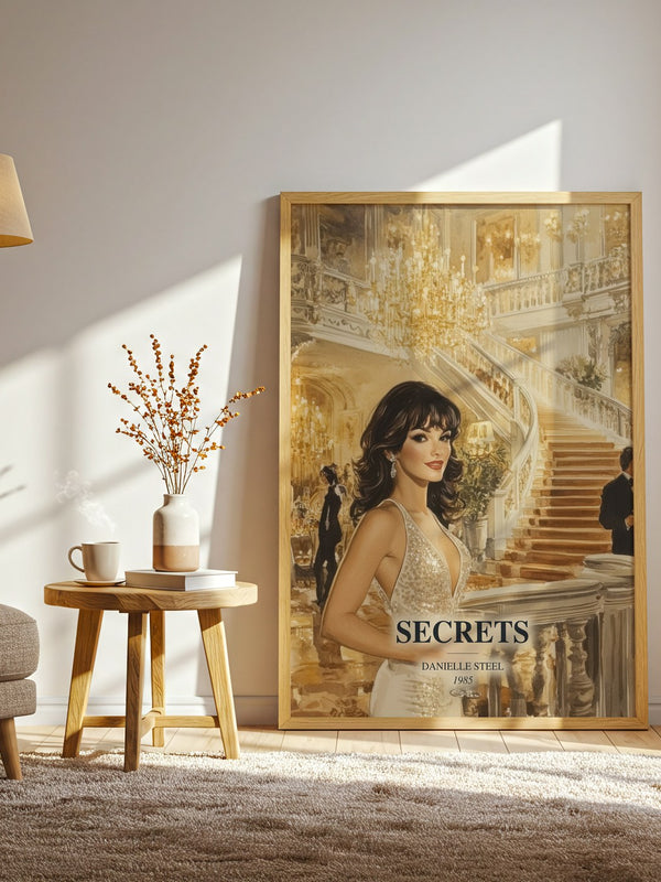 Secrets watercolour print in frame leaning in hallway – contemporary fiction wall art