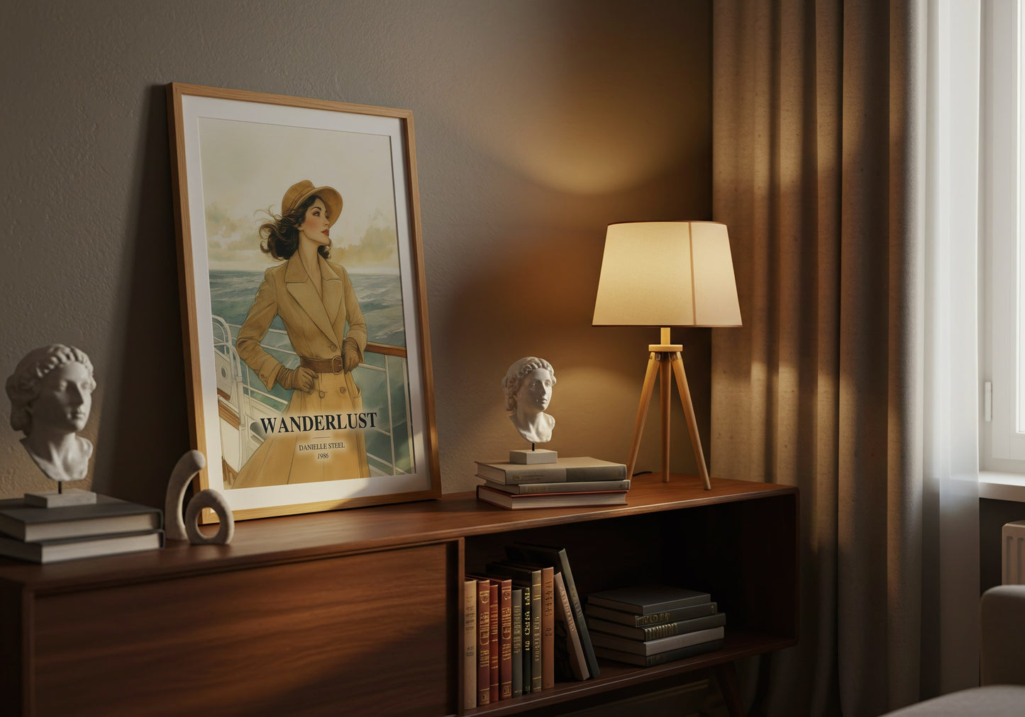 Wanderlust watercolour print on bookshelf – Danielle Steel fan gift