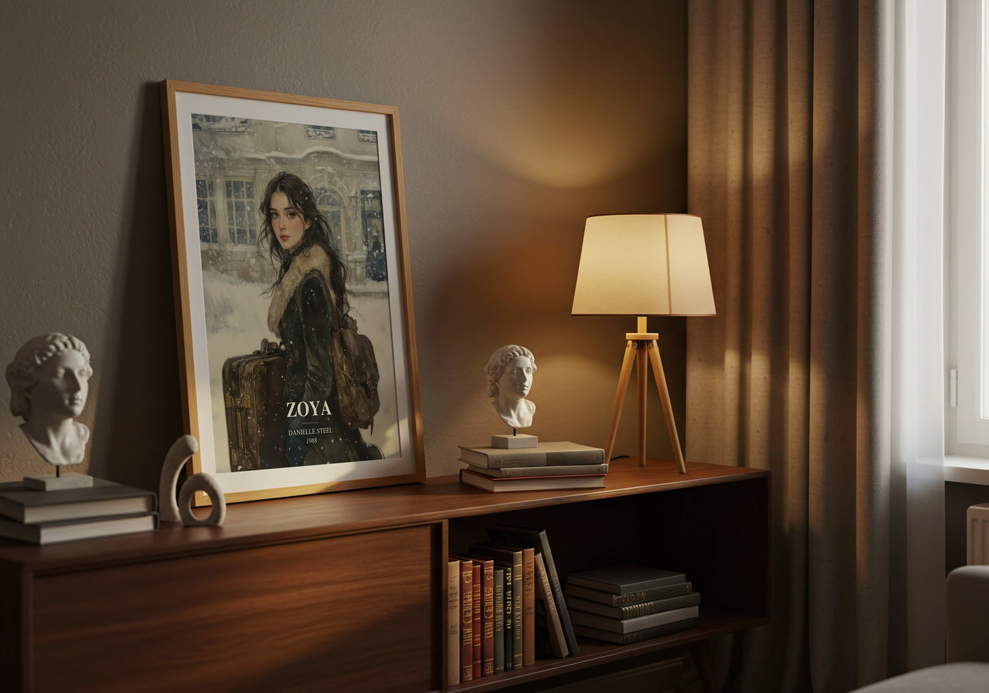 Zoya watercolour print on bookshelf – Danielle Steel fan gift
