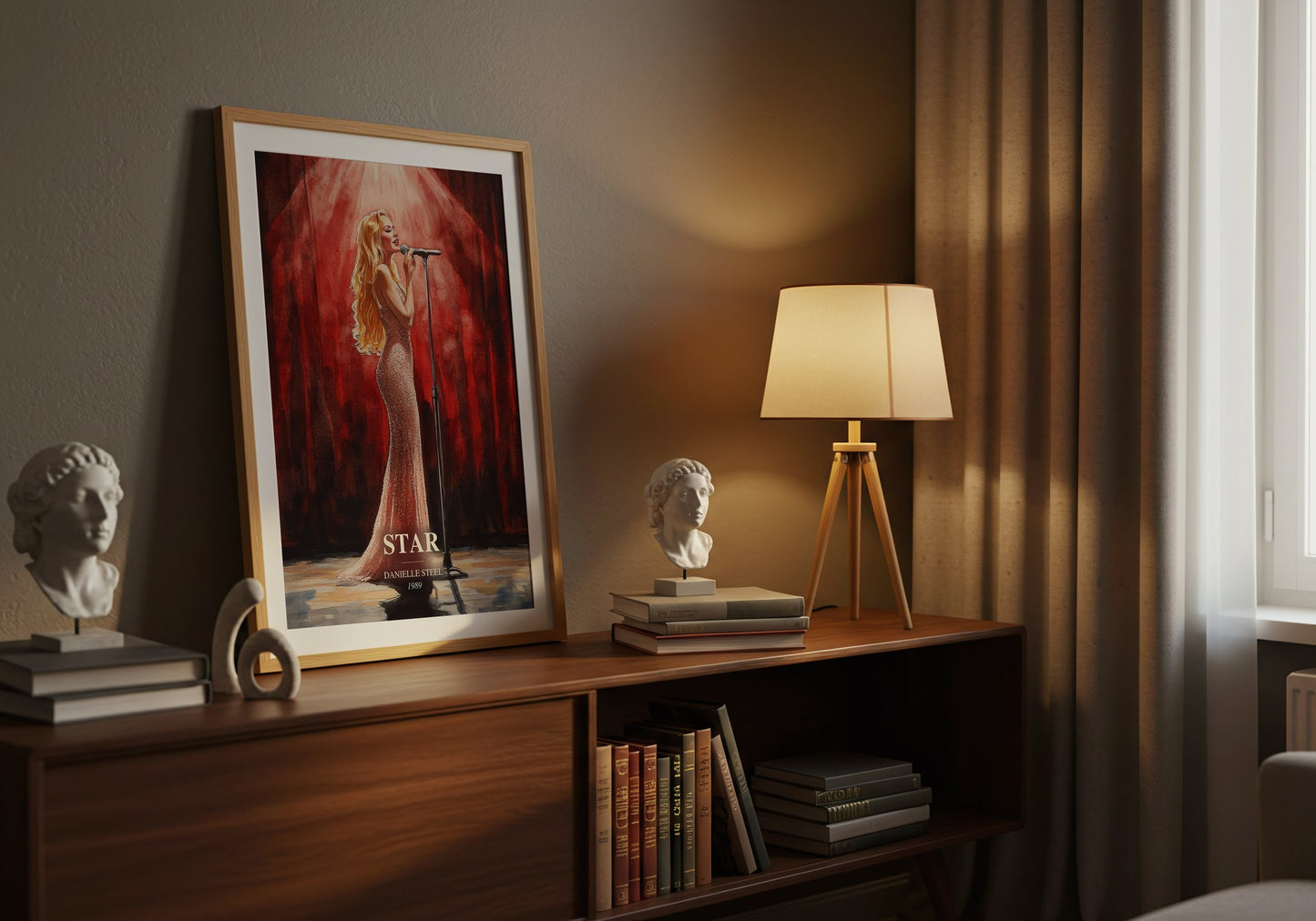 Star watercolour print on bookshelf – Danielle Steel fan gift
