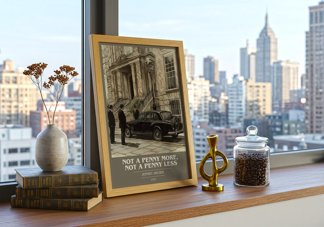 Not a Penny More, Not a Penny Less Book Cover Poster by Jeffrey Archer – framed print on a city-view windowsill
