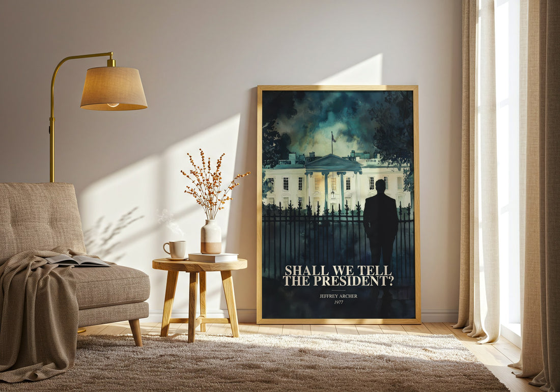 Shall We Tell The President? watercolour print in frame leaning in hallway – thriller wall art (mockup)