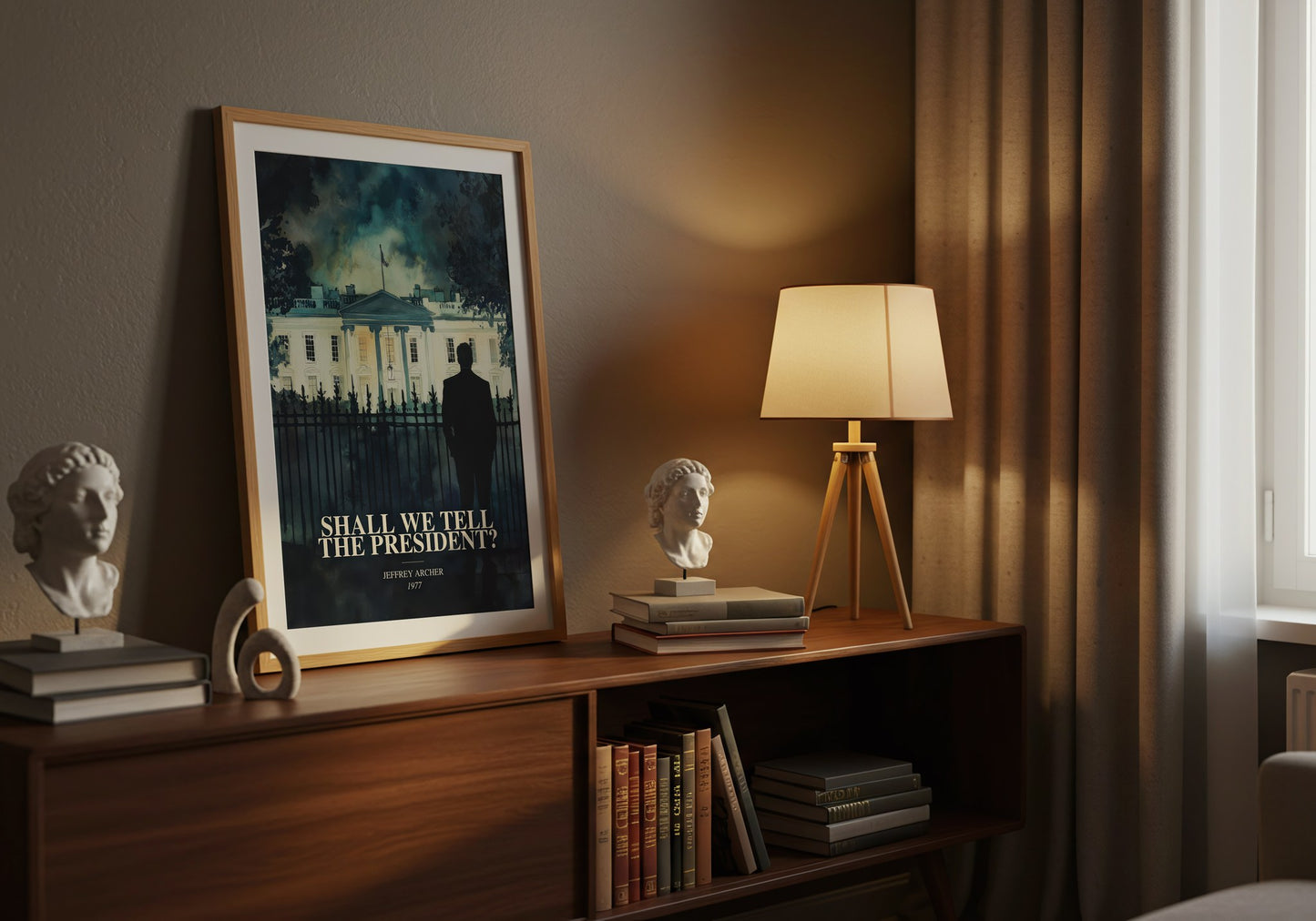 Shall We Tell The President? watercolour print on bookshelf – Jeffrey Archer fan gift