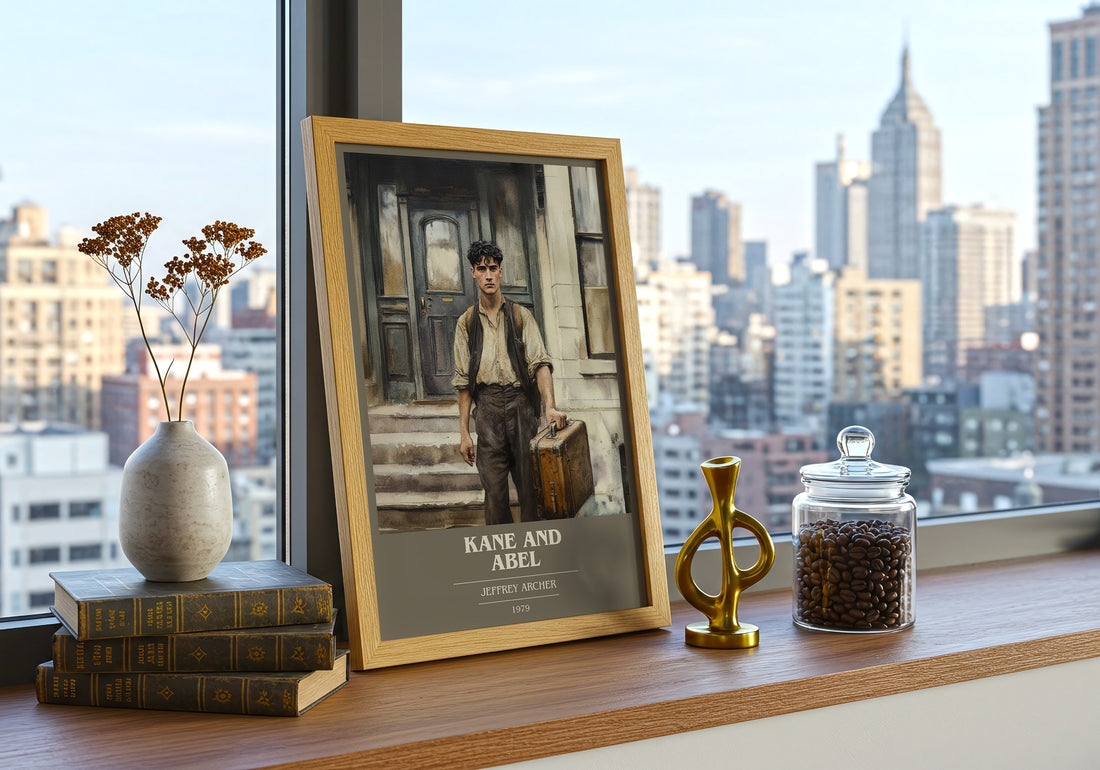 Kane and Abel Book Cover Poster by Jeffrey Archer – framed print on a city-view windowsill