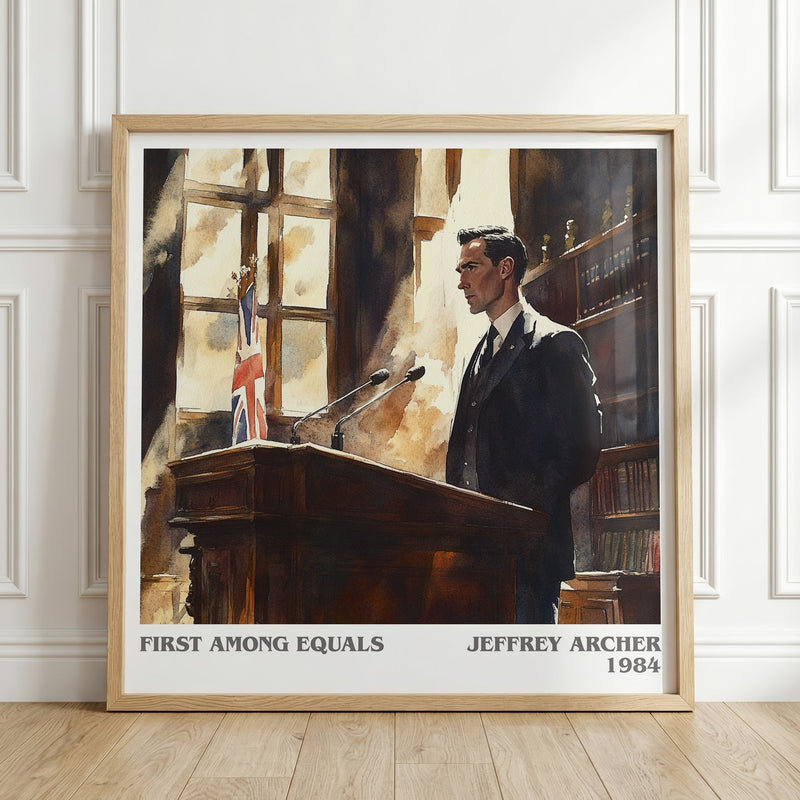 First Among Equals literary print in frame leaning in hallway – contemporary fiction wall art
