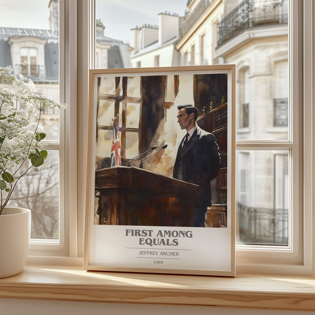 First Among Equals Book Cover Poster by JEFFREY ARCHER – framed print by a bright window