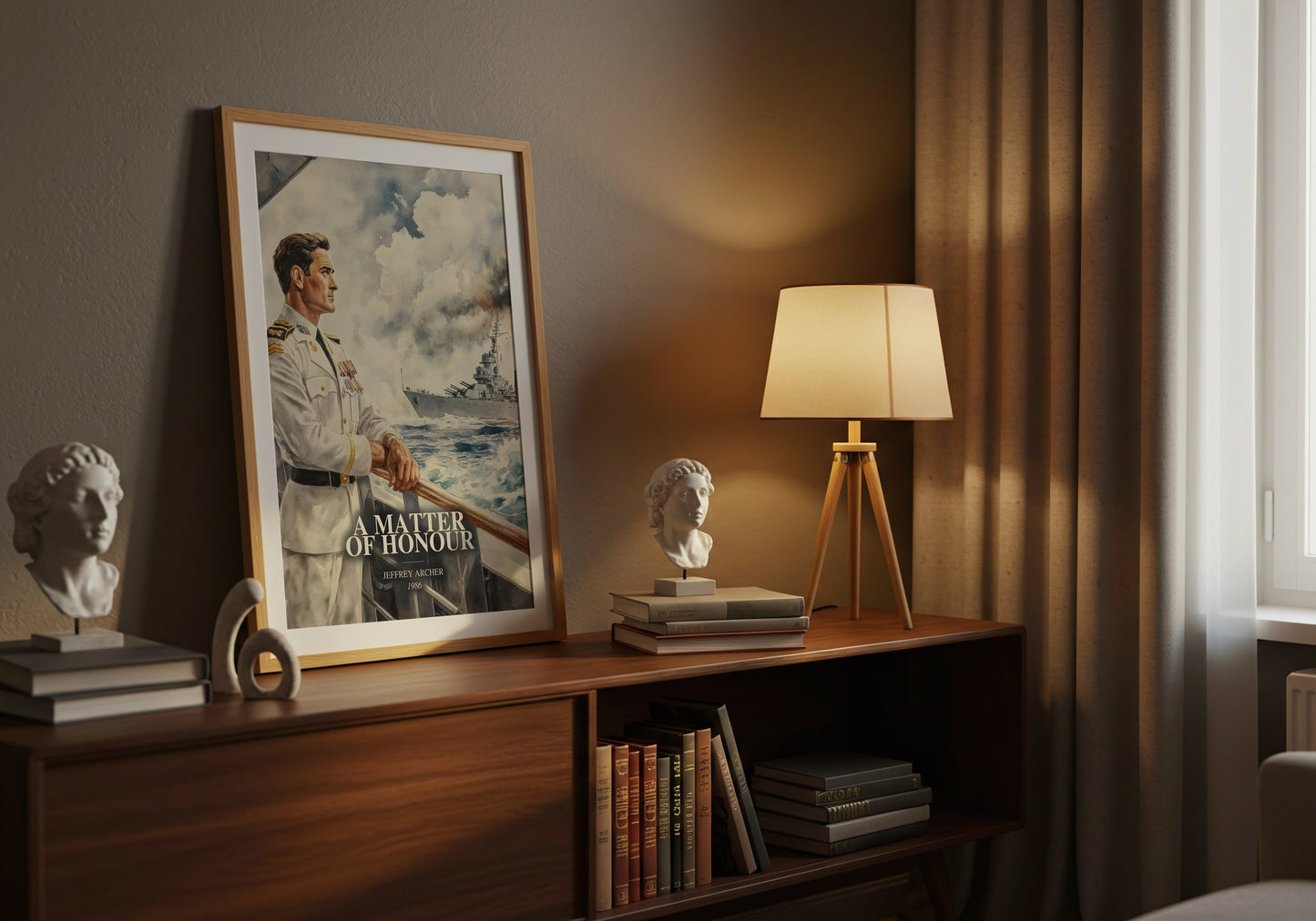 A Matter Of Honour watercolour print on bookshelf – Jeffrey Archer fan gift