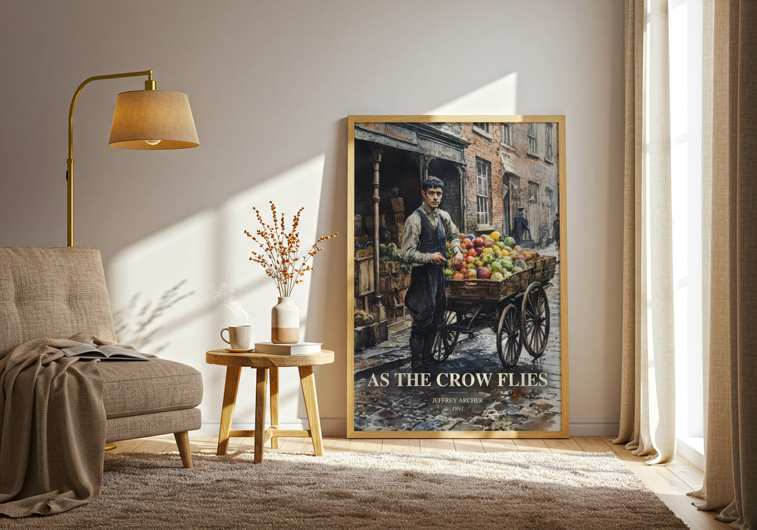 As The Crow Flies watercolour print in frame leaning in hallway – historical fiction wall art (mockup)