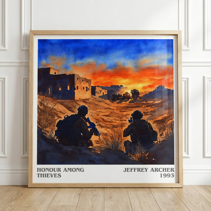 Honour Among Thieves literary print in frame leaning in hallway – thriller wall art