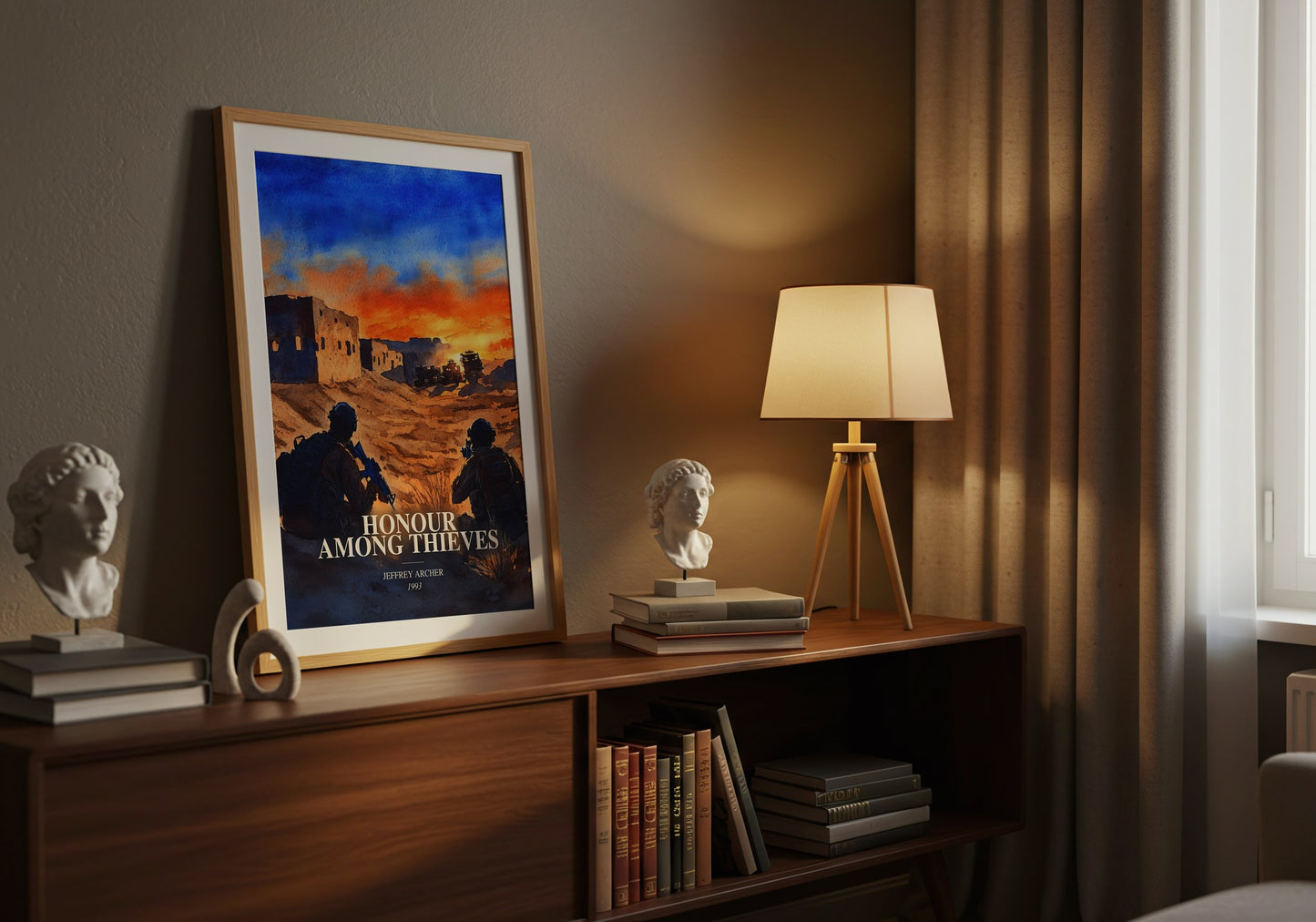 Honour Among Thieves watercolour print on bookshelf – Jeffrey Archer fan gift