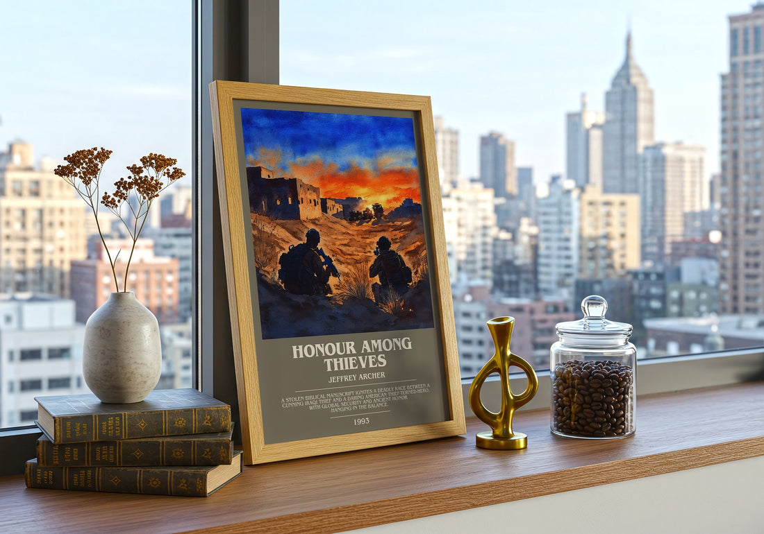 Honour Among Thieves Bookish Wall Art by Jeffrey Archer – framed print on a city-view windowsill