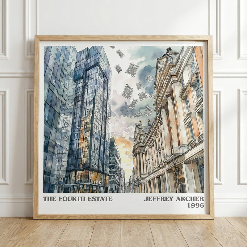 The Fourth Estate literary print in frame leaning in hallway – contemporary fiction wall art