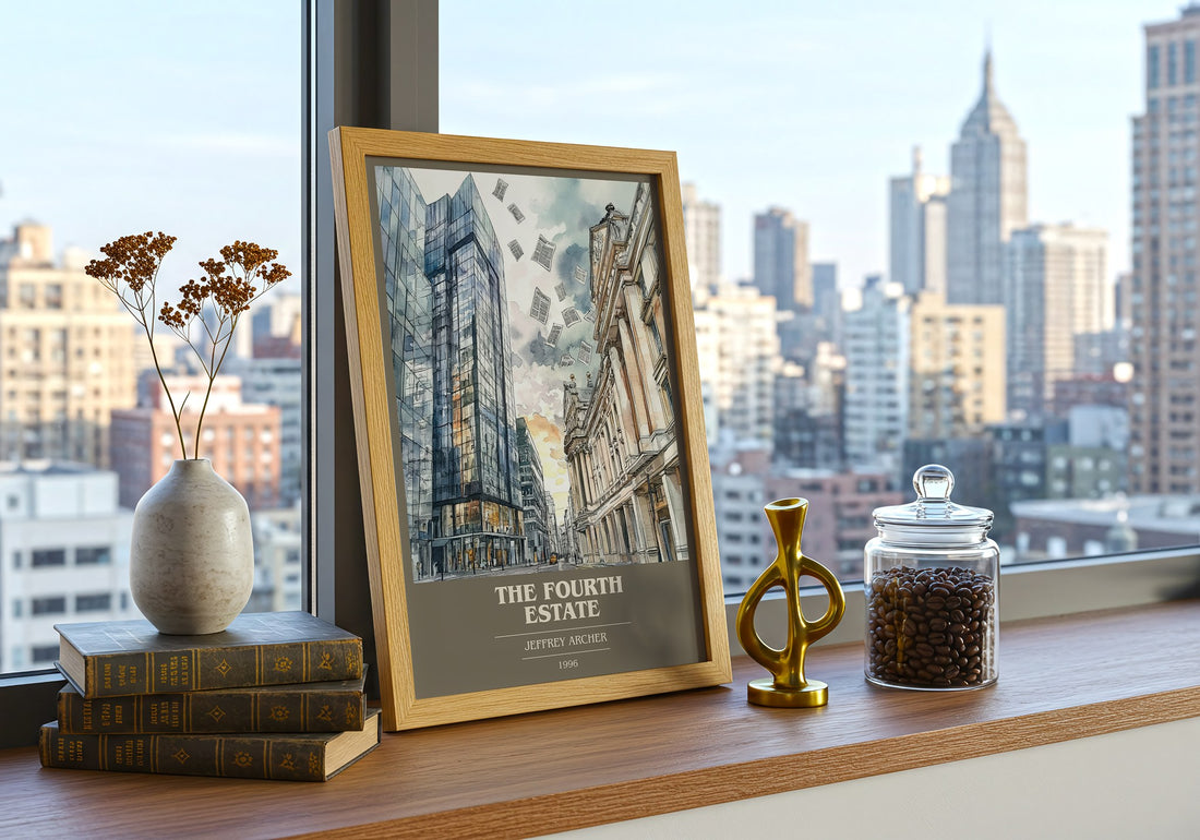 The Fourth Estate Book Cover Poster by Jeffrey Archer – framed print on a city-view windowsill