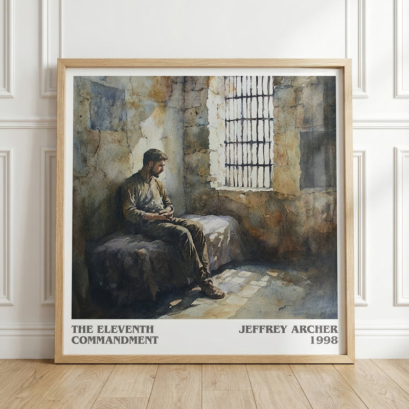 The Eleventh Commandment literary print in frame leaning in hallway – thriller wall art