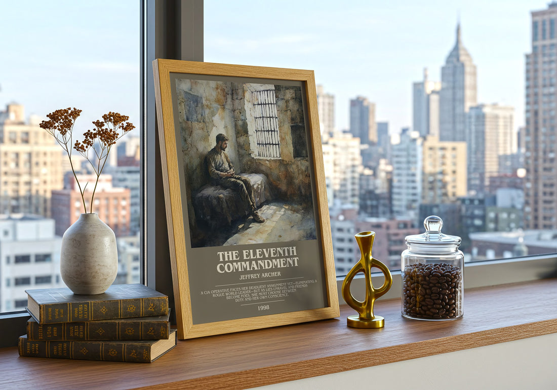 The Eleventh Commandment Bookish Wall Art by Jeffrey Archer – framed print on a city-view windowsill