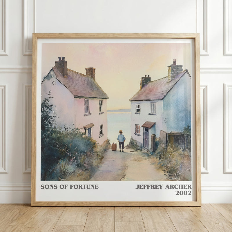 Sons of Fortune literary print in frame leaning in hallway – thriller wall art