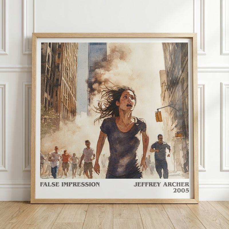 False Impression literary print in frame leaning in hallway – thriller wall art