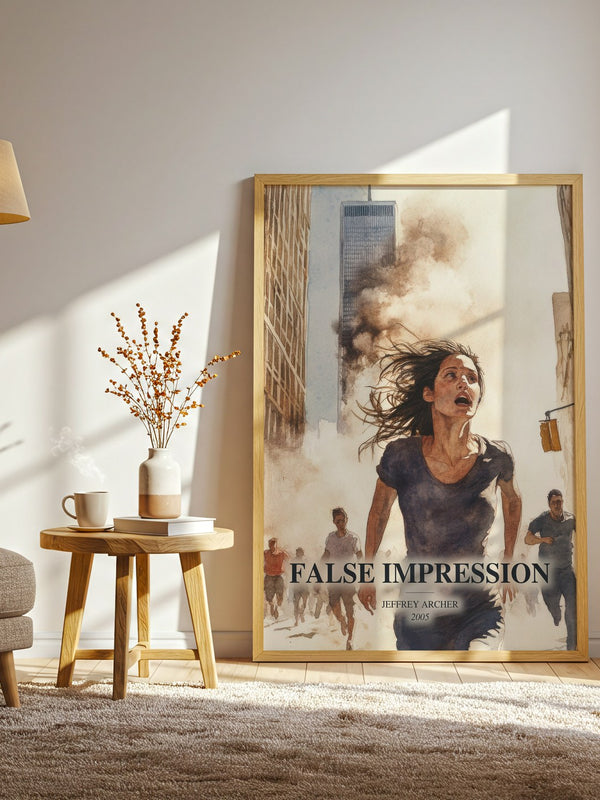 False Impression watercolour print in frame leaning in hallway – thriller wall art