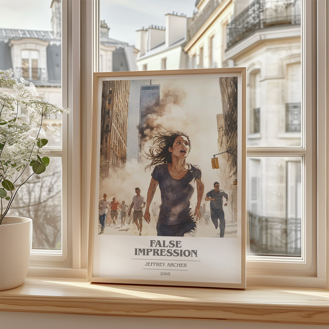 False Impression Book Cover Poster by Jeffrey Archer – framed print by a bright window