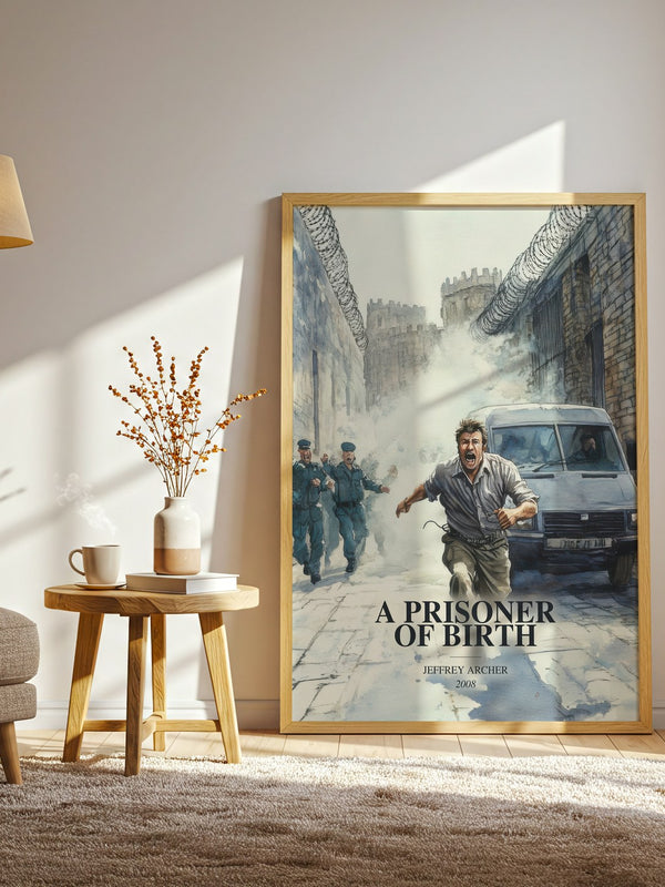A Prisoner Of Birth watercolour print in frame leaning in hallway – crime wall art