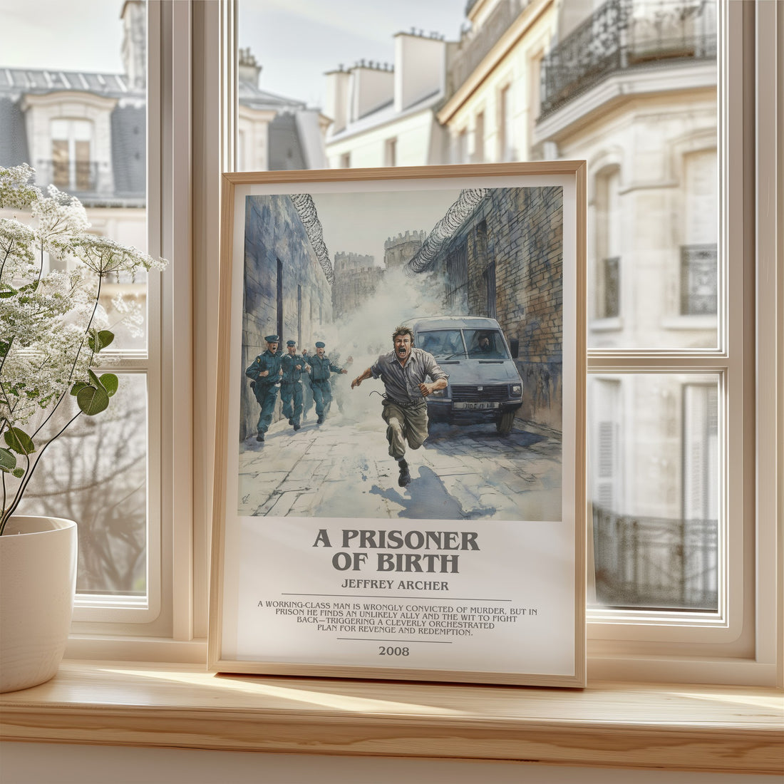 A Prisoner of Birth Bookish Wall Art by Jeffrey Archer – framed print by a bright window