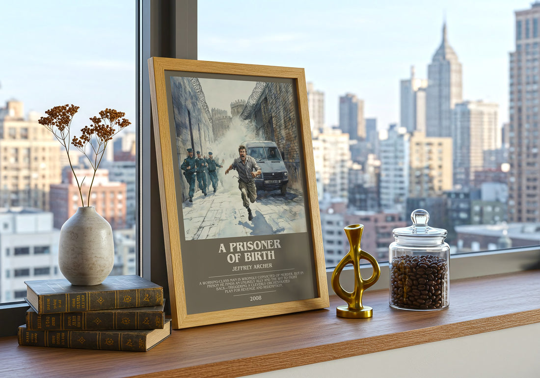 A Prisoner of Birth Bookish Wall Art by Jeffrey Archer – framed print on a city-view windowsill