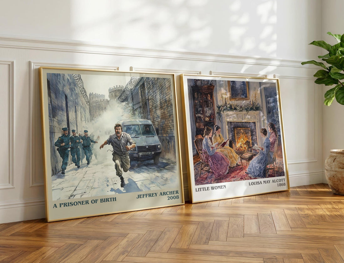 A Prisoner of Birth Literary Art Print by Jeffrey Archer – large square framed print leaning against a wall