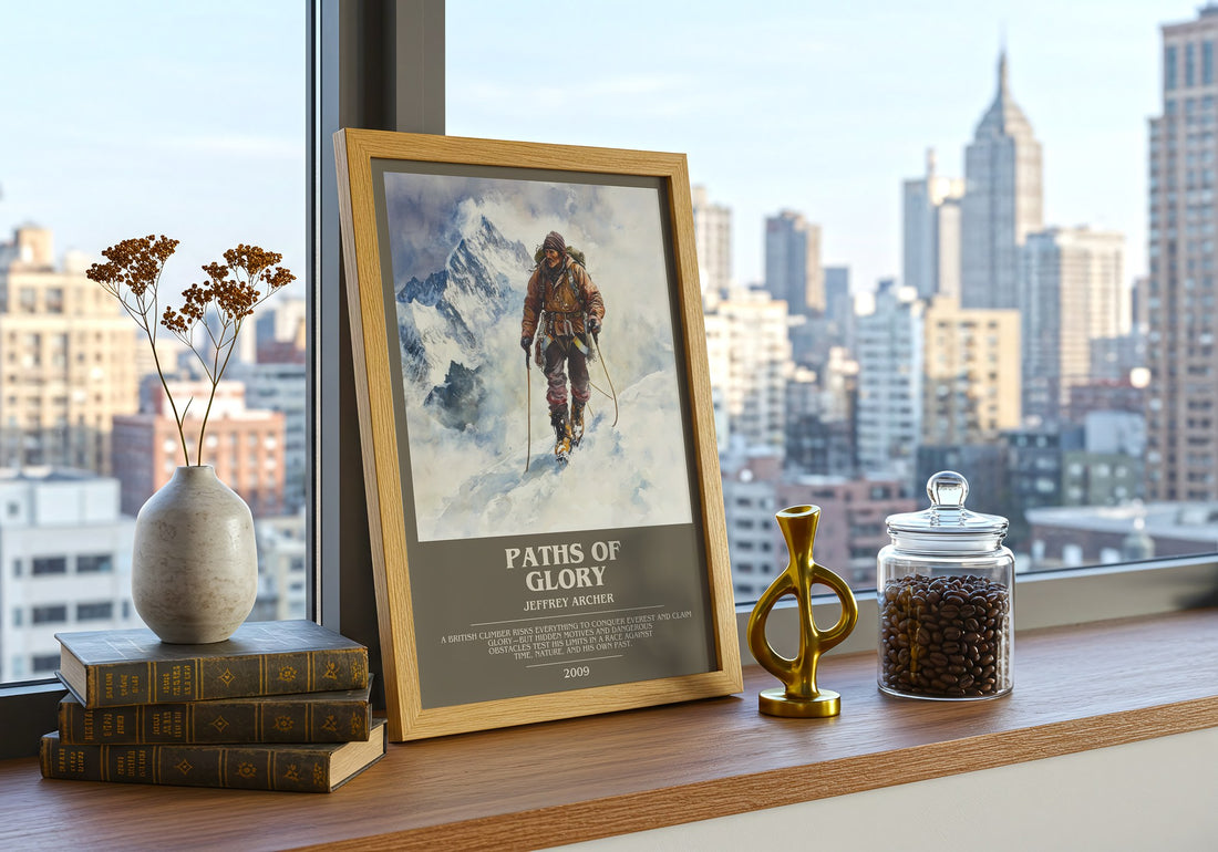 Paths of Glory Bookish Wall Art by Jeffrey Archer – framed print on a city-view windowsill