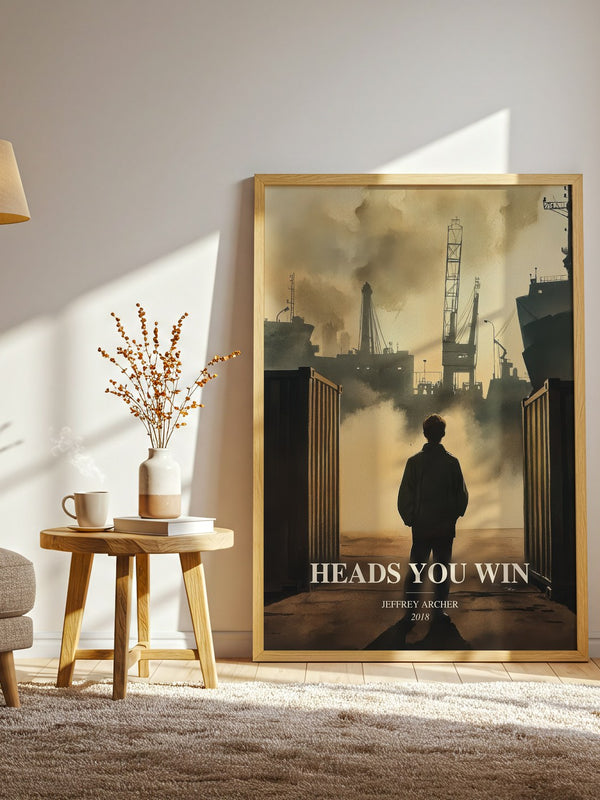 Heads You Win watercolour print in frame leaning in hallway – thriller wall art