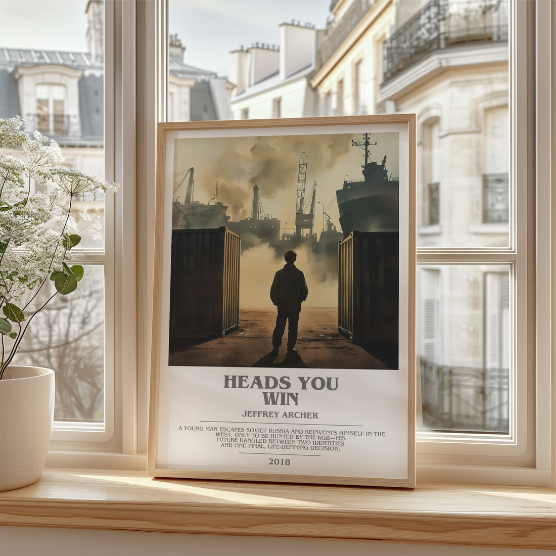 Heads You Win Bookish Wall Art by Jeffrey Archer – framed print by a bright window